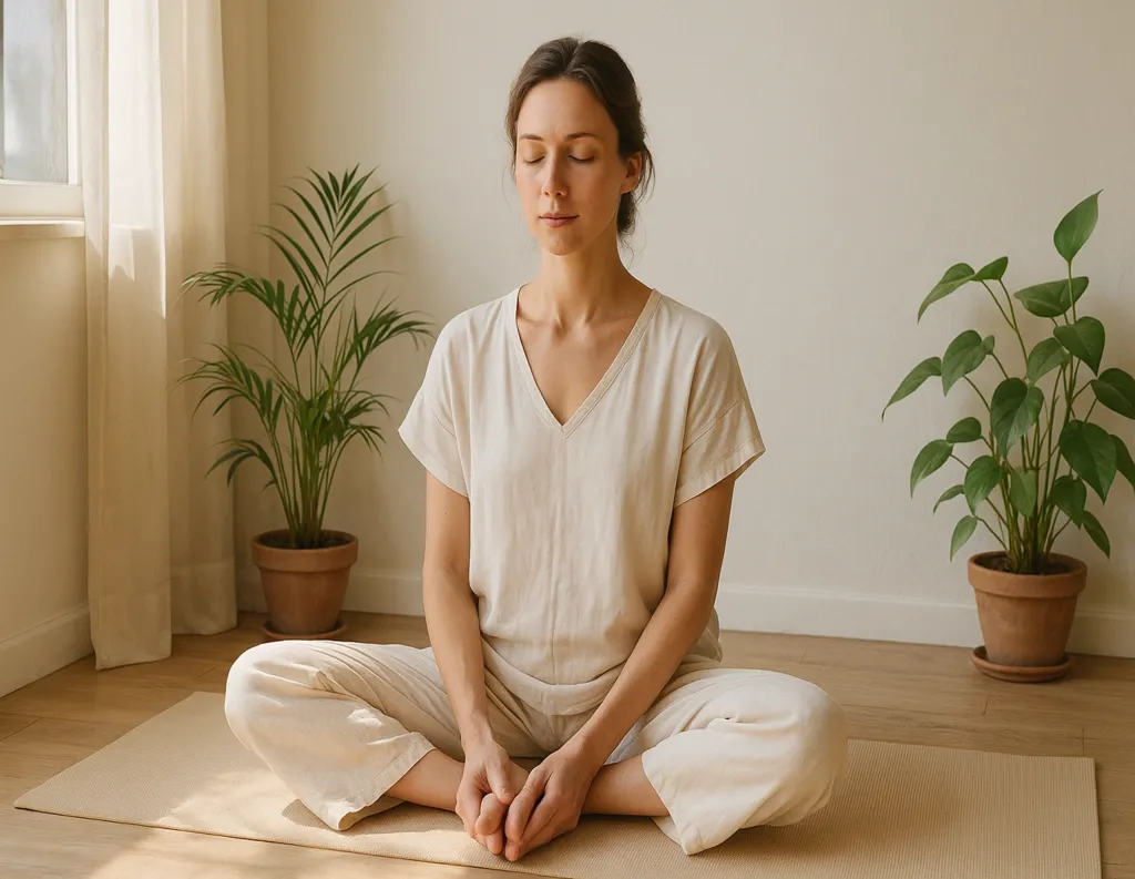 Individual seated with soles of feet together in Baddha Konasana, gently opening the hips

