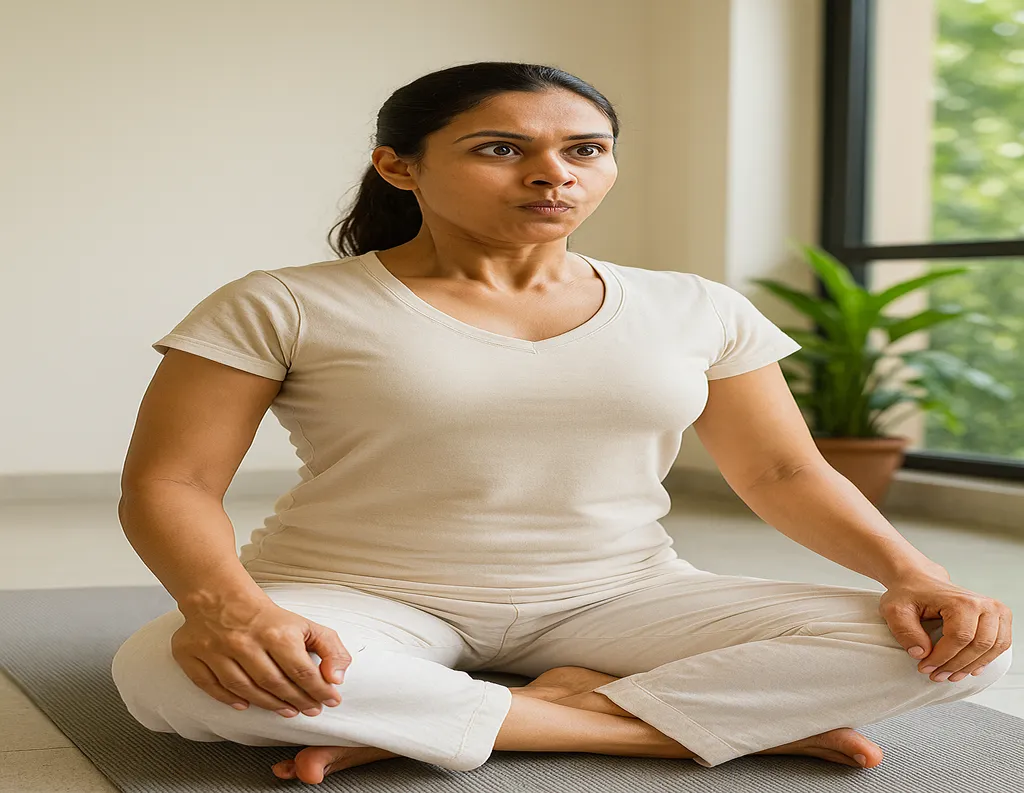 Woman practicing Bhastrika pranayama with strong breathing