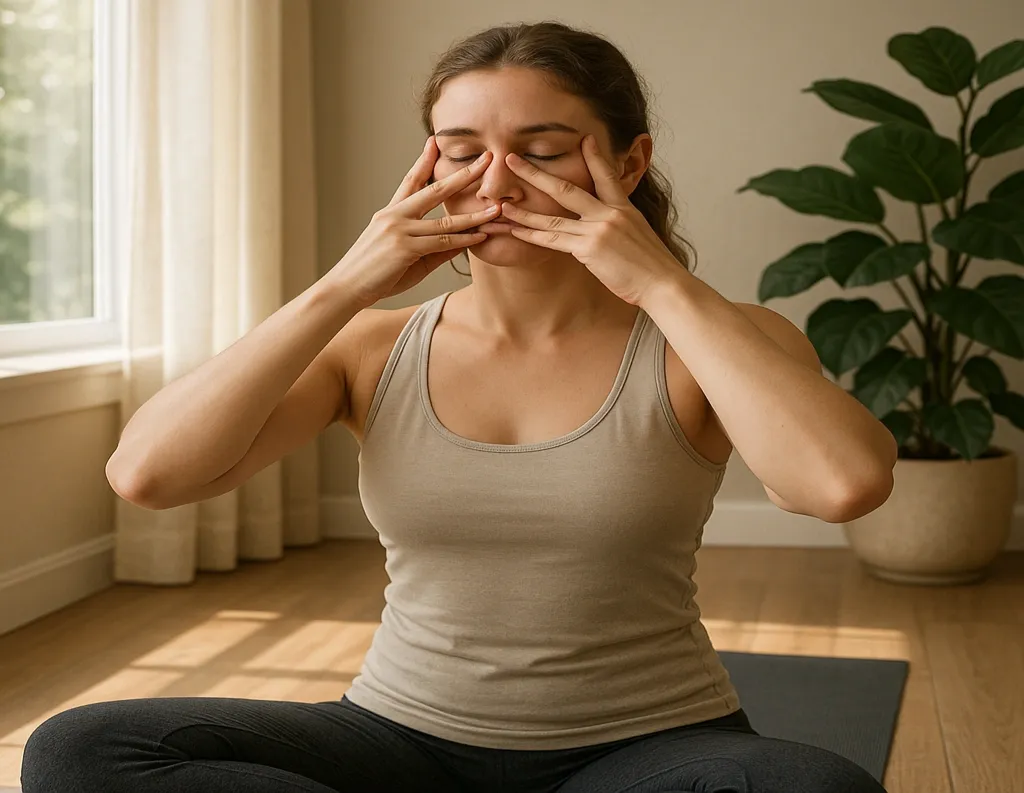 Woman practicing Bhramari pranayama with Shanmukhi mudra

