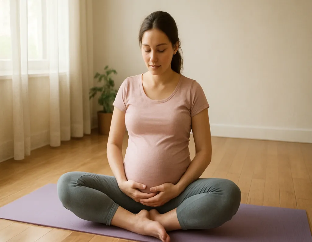 Pregnant woman sitting in Bound Angle Pose with hands on bell