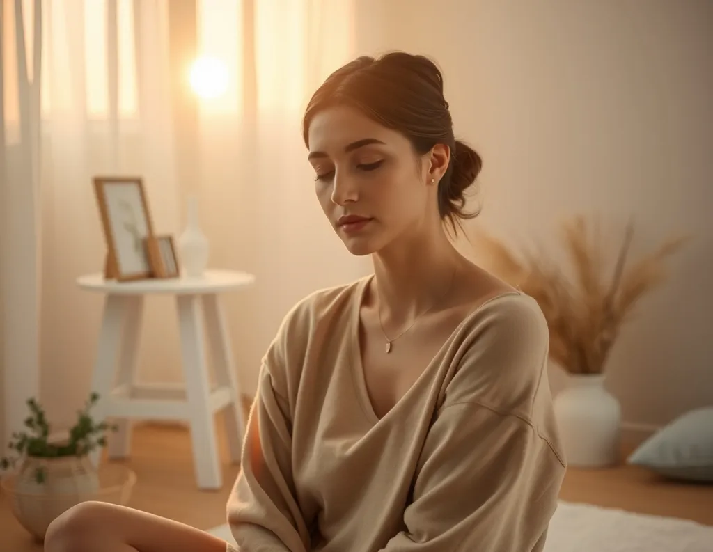 Peaceful sunrise view with a person gently waking or sitting near a window