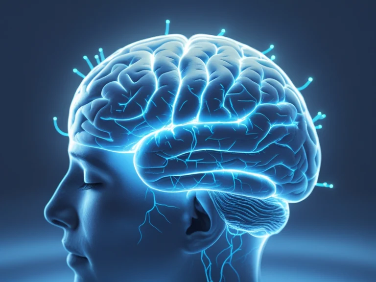 Brainwave visualization with a meditating person showing neuroscience of meditation