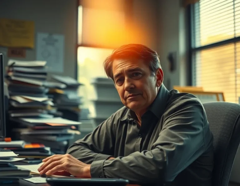 Spiritual burnout meaning is like exhausted person at desk with gentle light shining in