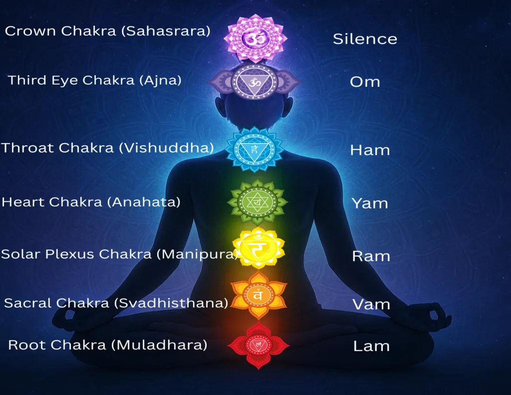 Meditator in lotus posture with glowing chakra points