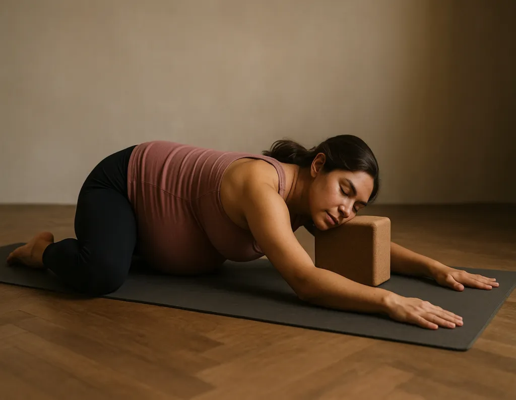 Pregnant woman in wide-knee Child’s Pose with arms forward
