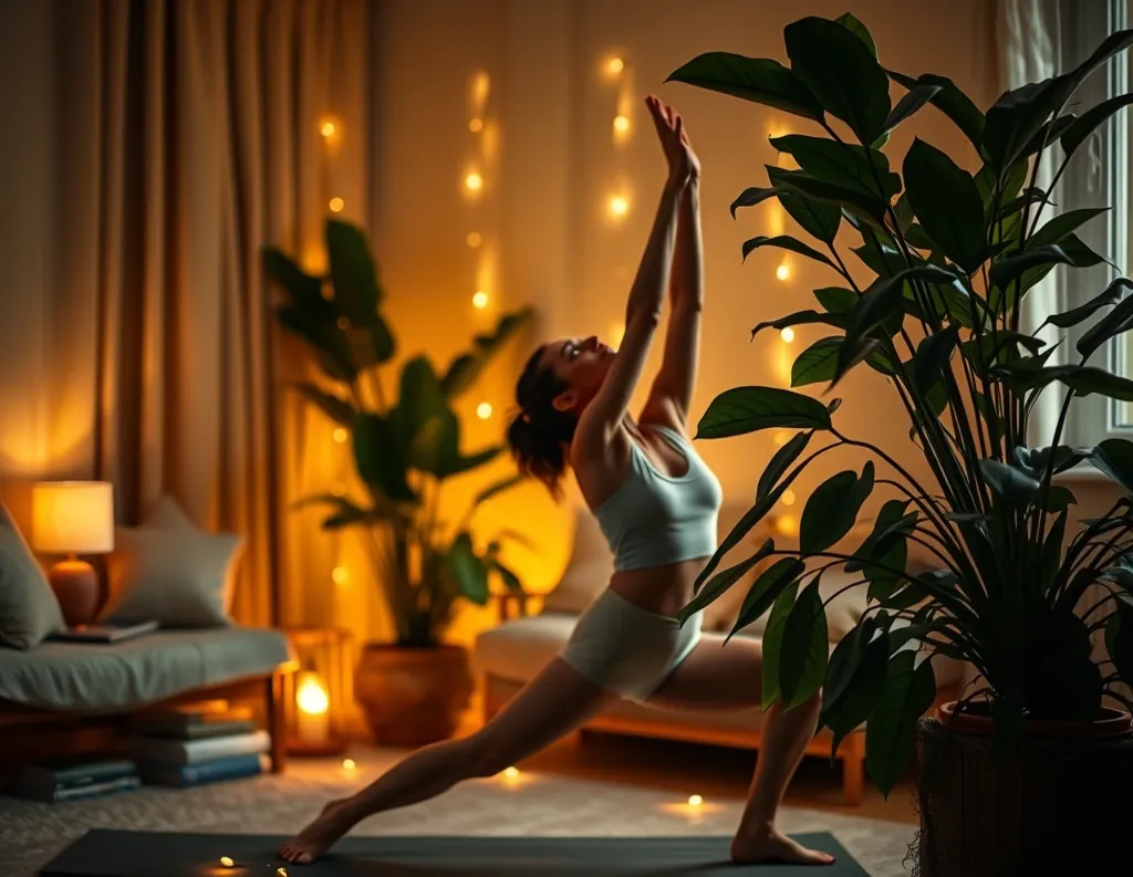 Dimmed room with a person doing light evening stretching for evening yoga benefits