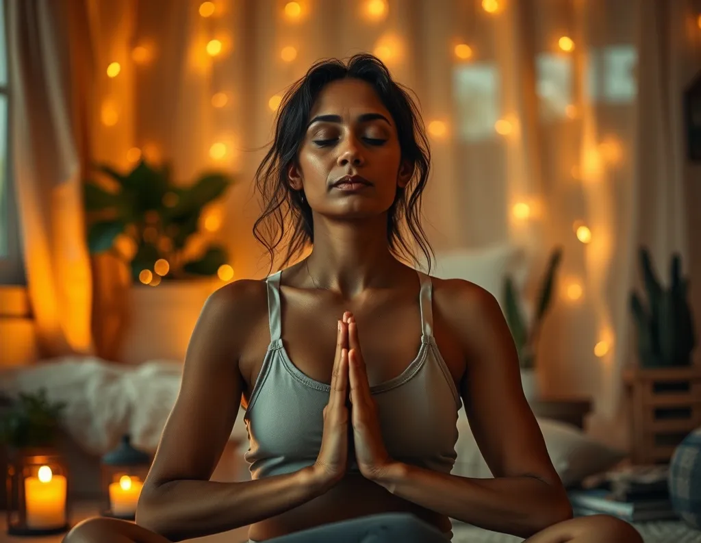  Woman doing evening yoga with calming breath focus