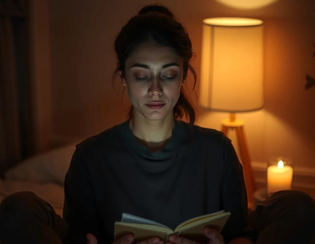 Peaceful journaling or meditating scene with warm lighting