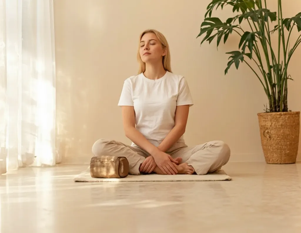 Woman practicing breath-focused meditation with calm, rhythmic breathing.