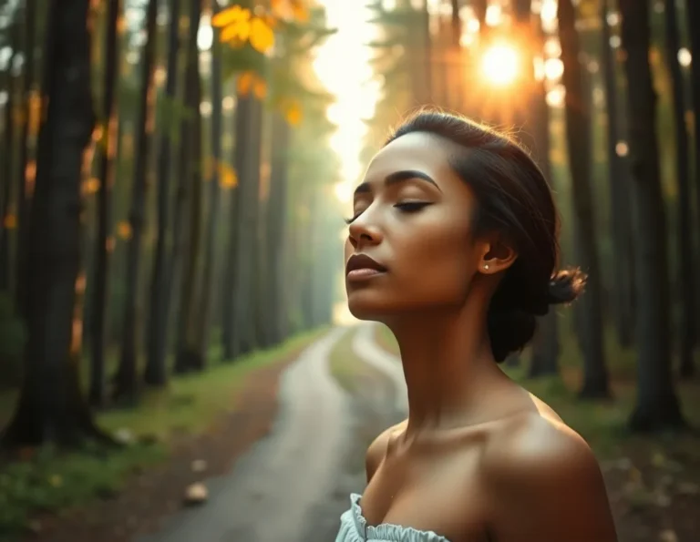 A calm person standing at sunrise where two forest paths meet, thinking what is dharma and representing spiritual choices