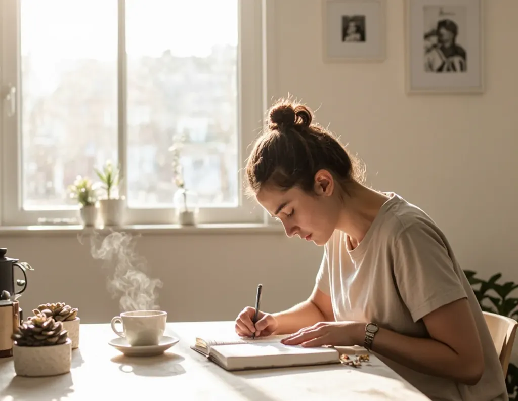 Person writing in a gratitude journal with a cup of herbal tea nearby