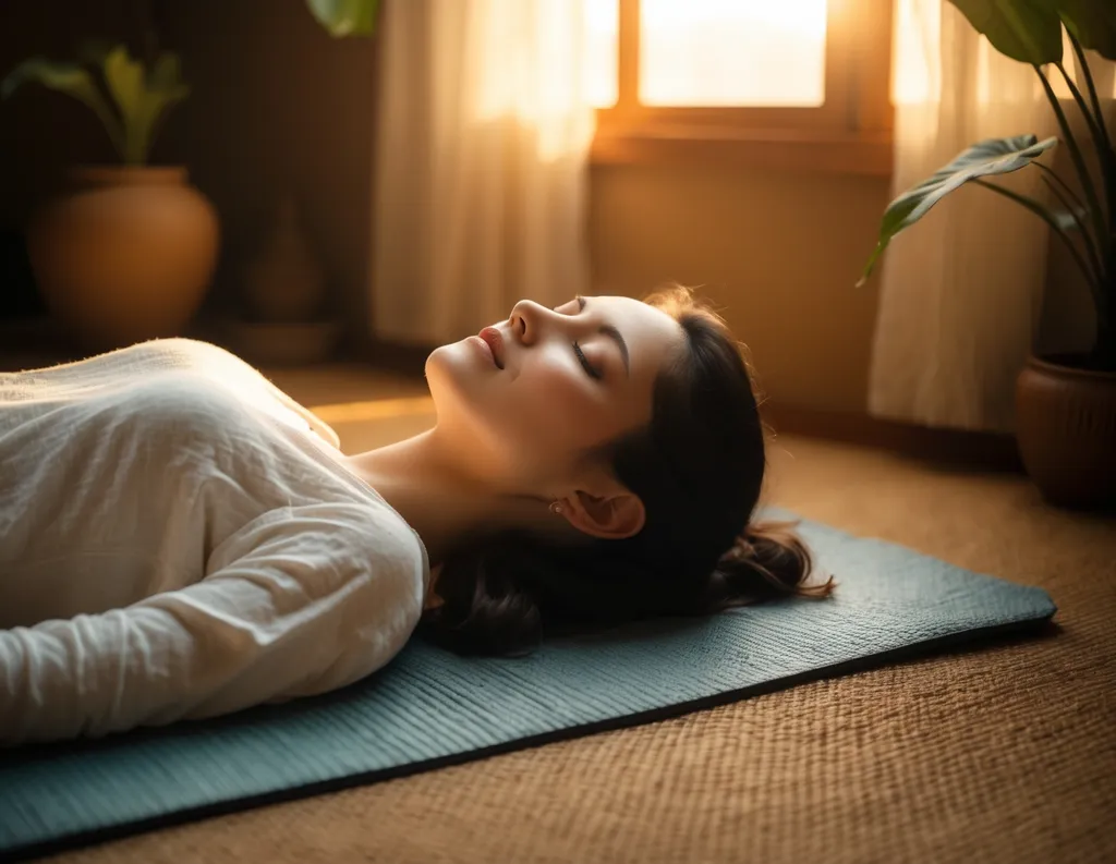 Woman lying in Savasana, eyes closed, gentle room light, body scan meditation for sleep