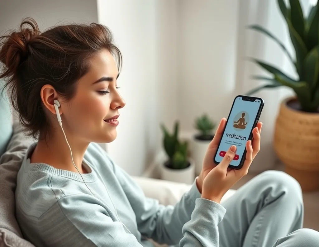 Person using guided meditation app on phone for structured daily practice for maximising Meditation Tools Benefits.