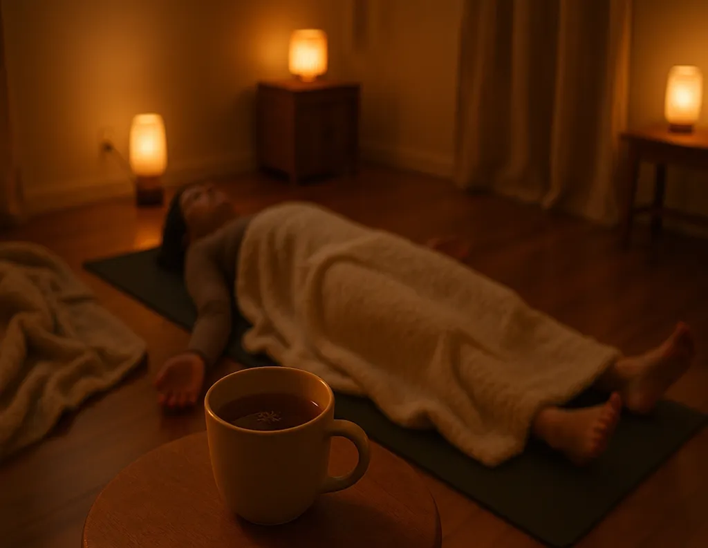 Herbal tea cup and person lying in Savasana at night