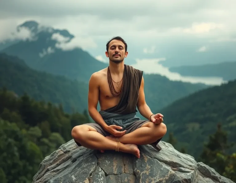 Spiritual seeker meditating on a mountaintop during sunrise, symbolizing clarity through self-inquiry