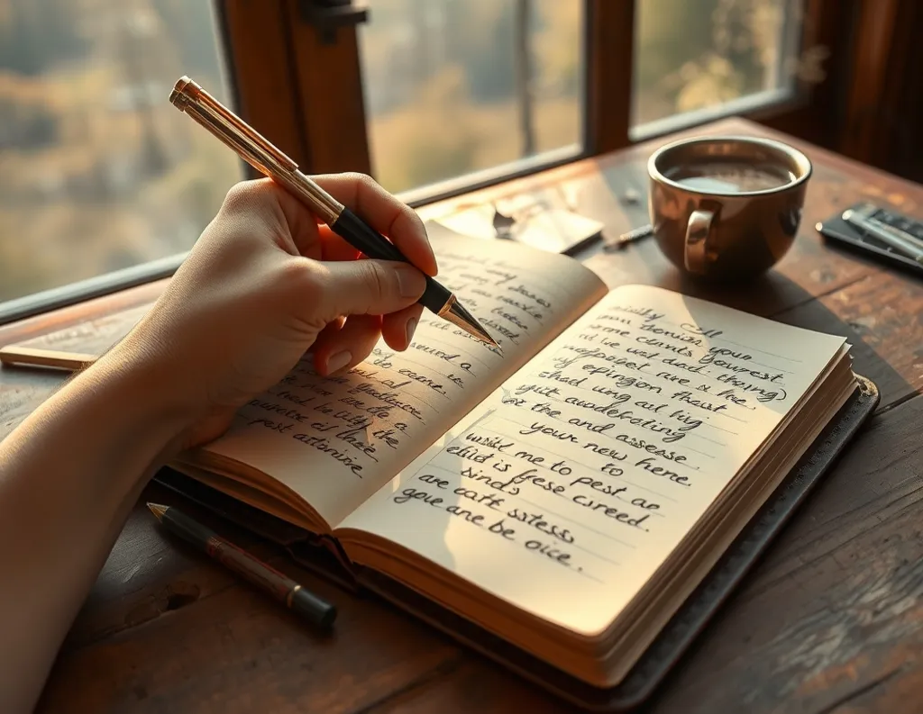  Close-up of a person handwriting mindfully in a spiritual journal, tracking thoughts and Dharma-based intentions

