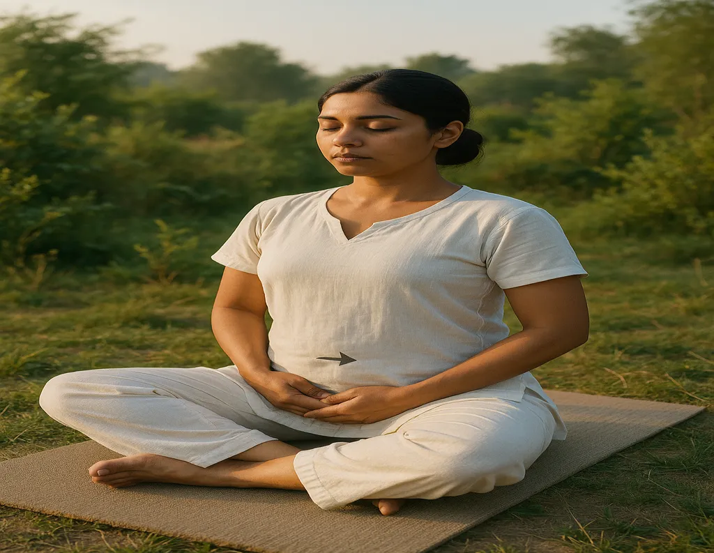 : Woman doing Kapalabhati pranayama with forceful exhalations
