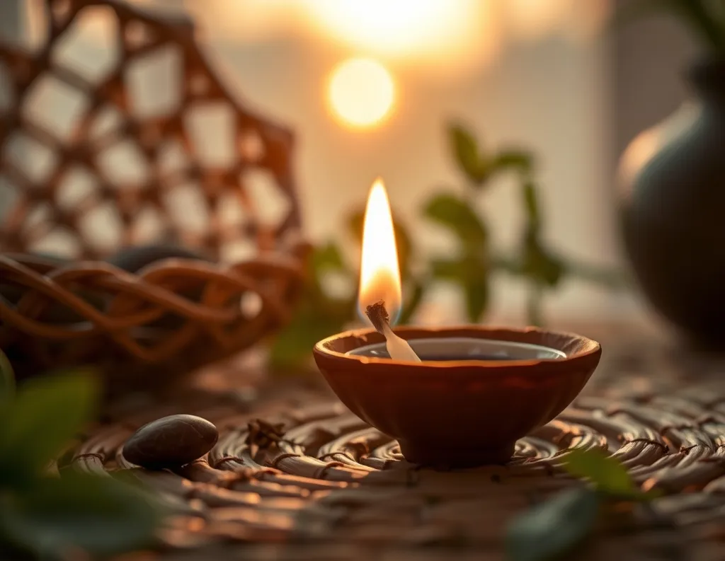 Close-up of hands lighting a diya or incense on a small home altar  