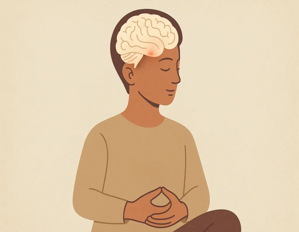 Brain diagram with a shrinking amygdala in a person meditating, symbolizing reduced fear and anxiety.