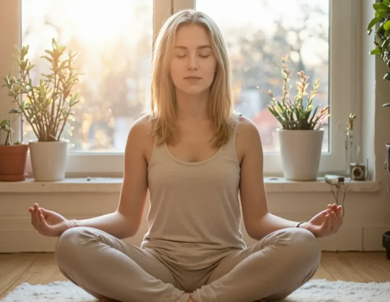 Person in sukasana basic pose as yoga for stress