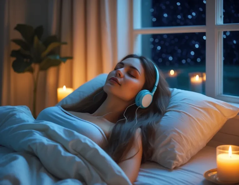 Calm woman lying in bed with headphones, soft night lighting in background representing benefits of meditation for sleep.