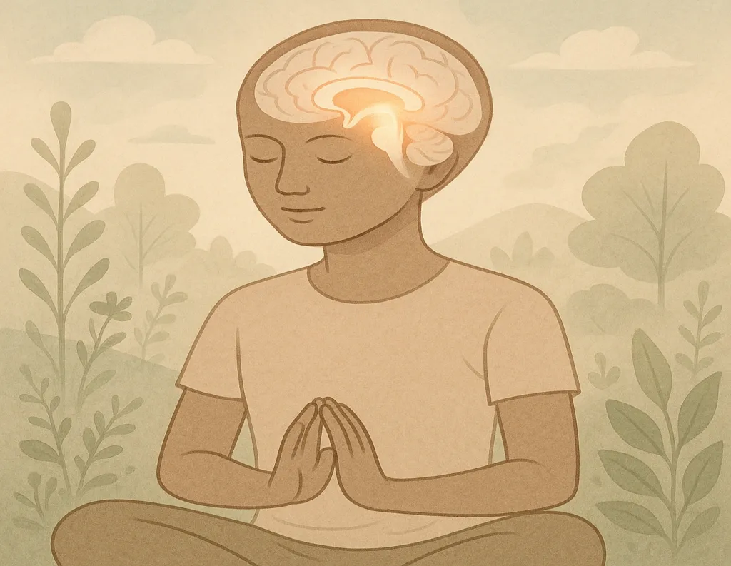 Visualization of brain with enhanced hippocampus glow while meditating, reflecting emotional stability and memory.