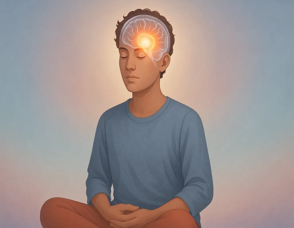 Person in meditation posture with a highlighted insula area, showing increased interoception and sensory awareness.