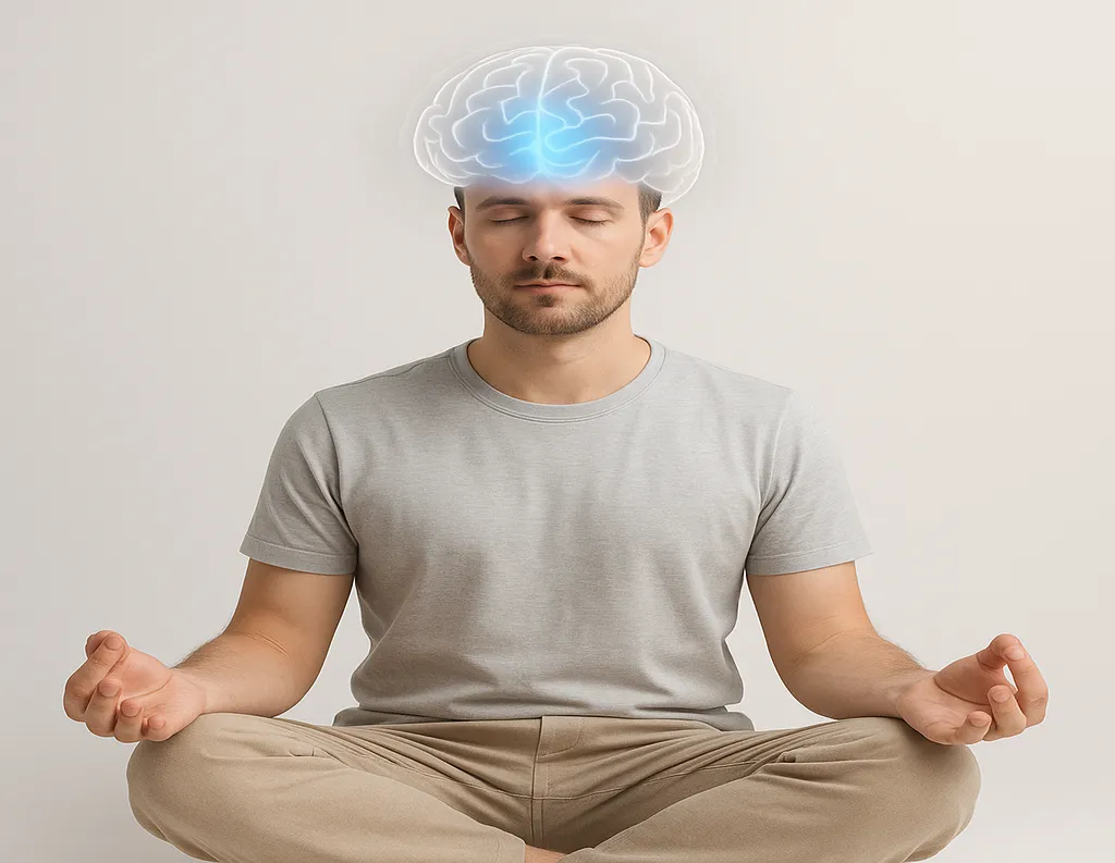  Meditator with brain focus on the prefrontal cortex glowing to signify increased focus and attention.