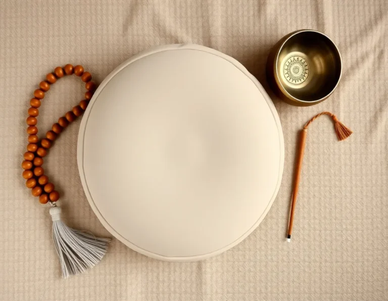 Flatlay of meditation tools: mala beads, zafu cushion, incense, and sound bowl
