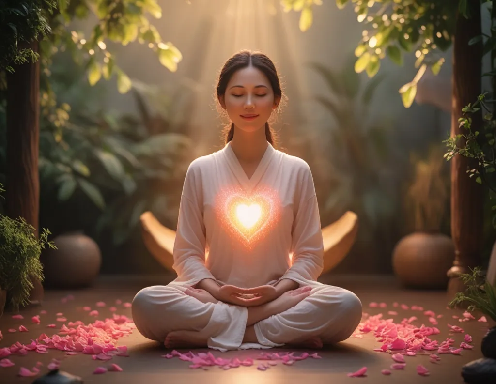 Woman seated in meditation radiating compassion and loving energy

