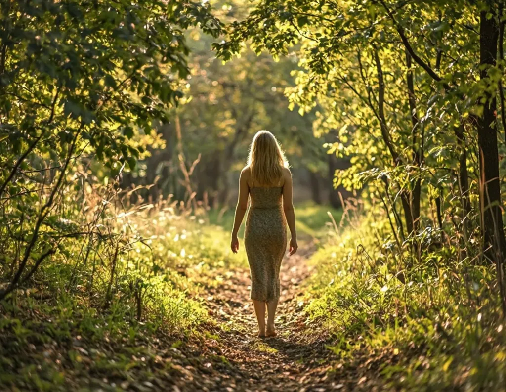  Individual walking barefoot slowly through a grassy path in mindful awareness.