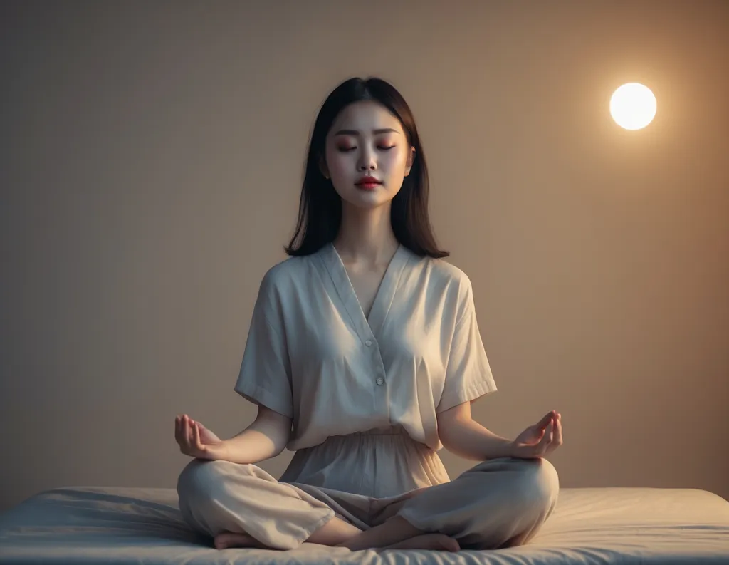 Young woman sitting upright in bed with closed eyes, slow breathing, mindful sleep meditation