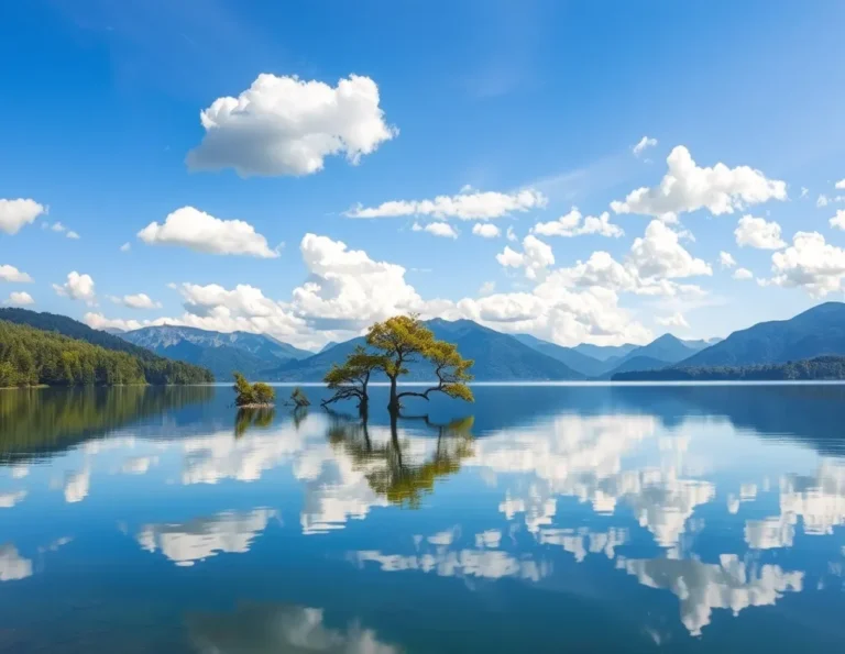 Still lake perfectly mirroring the sky and clouds symbolizing the question- What is non-duality ? and meaning in simple terms