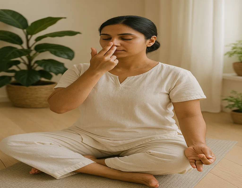 Woman practicing Nadi Shodhana pranayama using Vishnu mudra