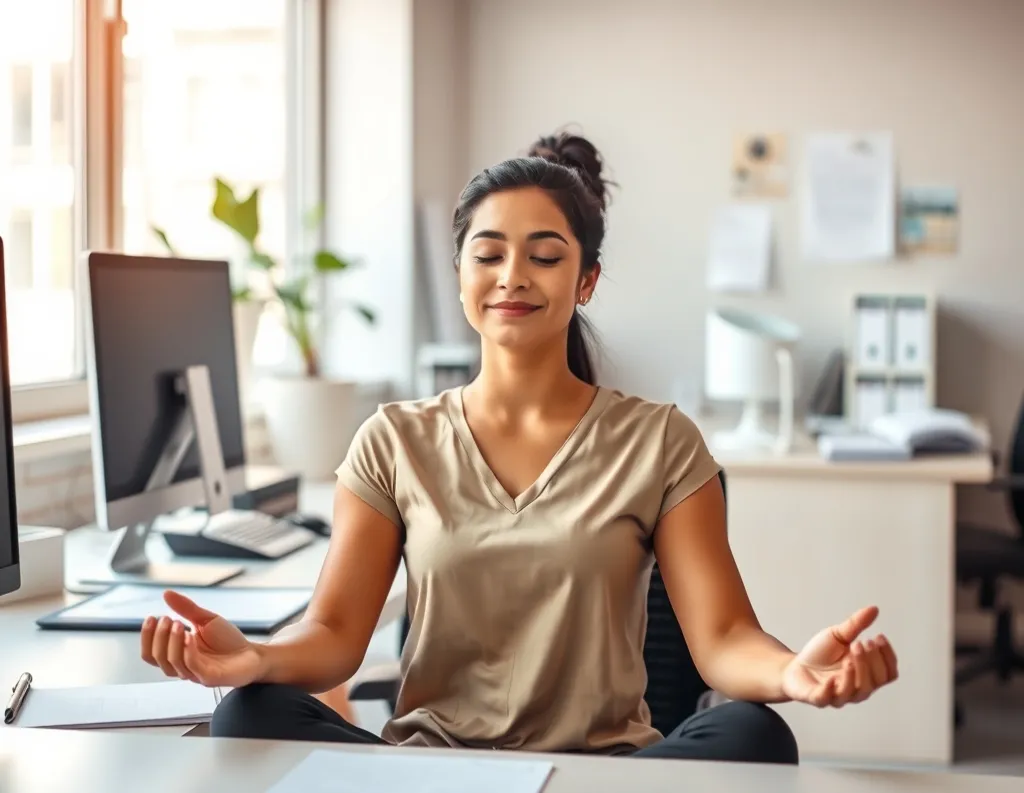 Peaceful worker meditating at desk depicting work without attachment