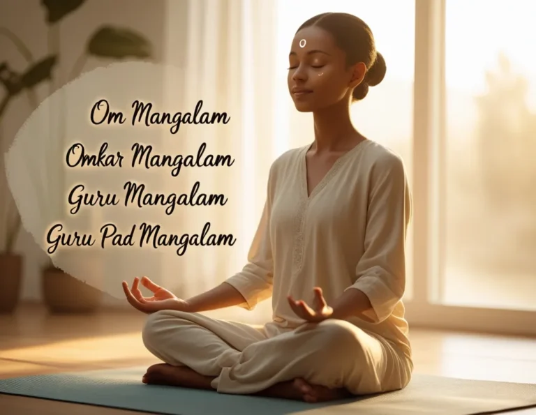 Lady in home visualising the power of chanting mantras - Om Mangalam Omkar Mangalam Guru Mangalam Guru Pad Mangalam