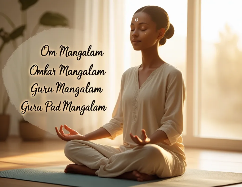 Lady in home visualising the power of chanting mantras - Om Mangalam Omkar Mangalam Guru Mangalam Guru Pad Mangalam