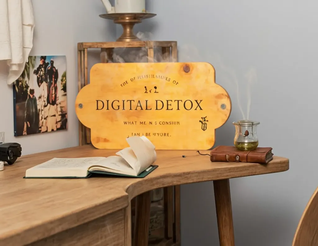 Peaceful digital detox workstation with incense, journal, and laptop