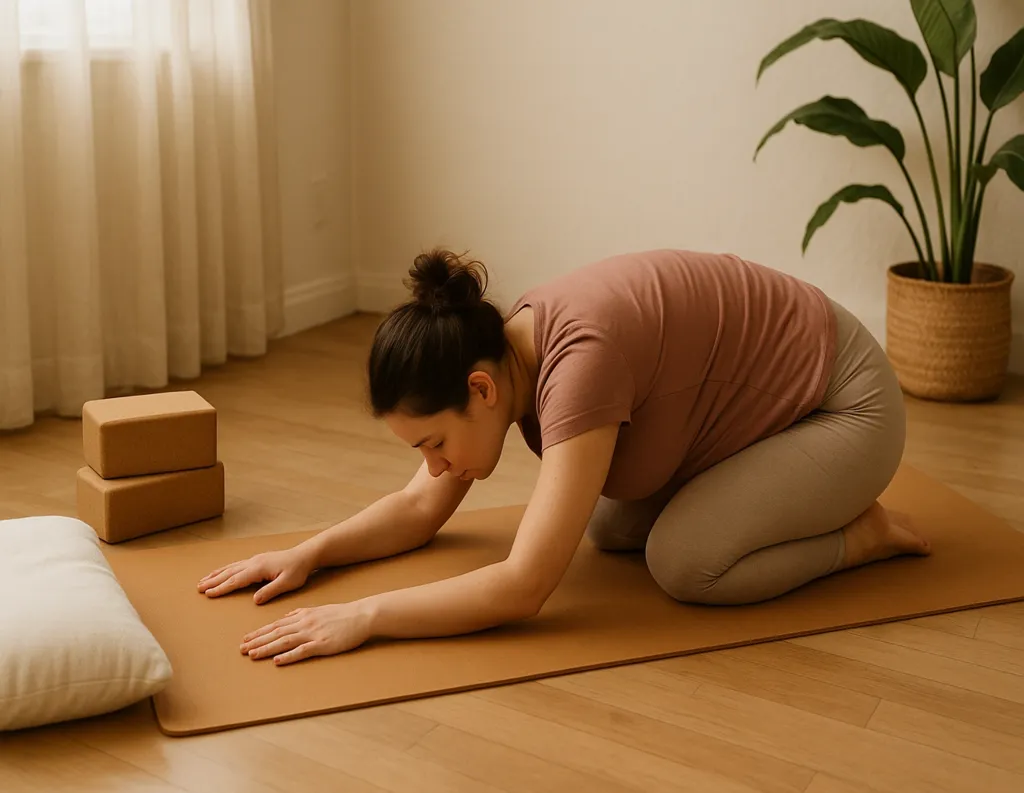 Mom in Child’s Pose on mat
