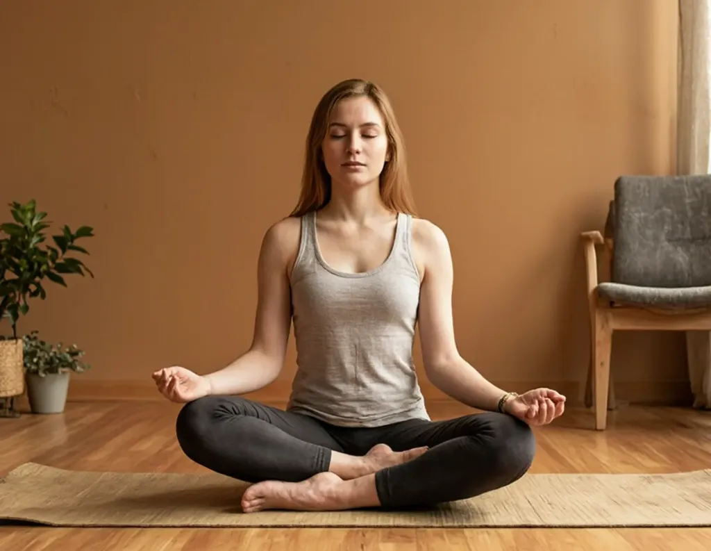  Woman practicing pranayama breathing indoors during sunrise