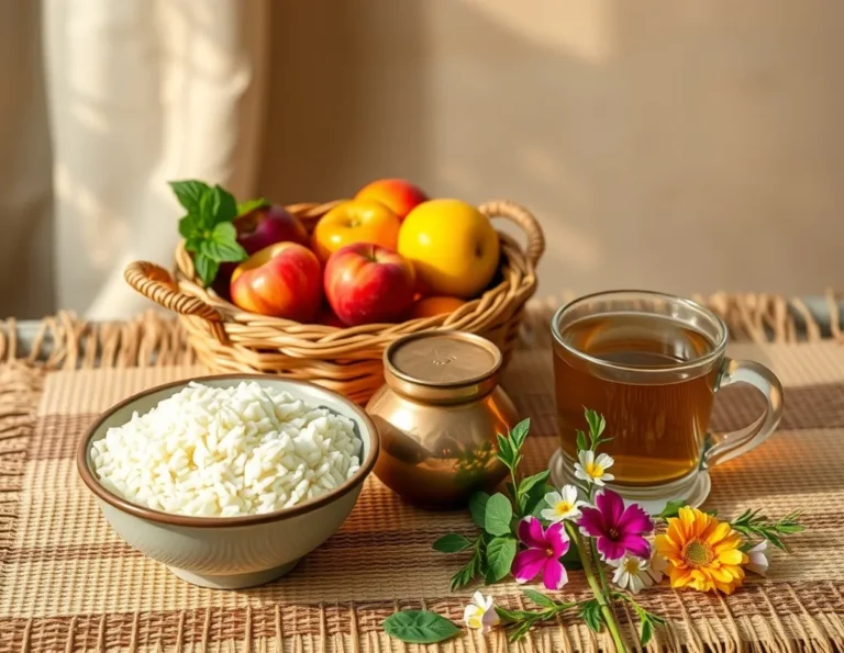 A sattvic diet with whole grains, ghee, fresh fruits, and nuts served in a serene, clean setting