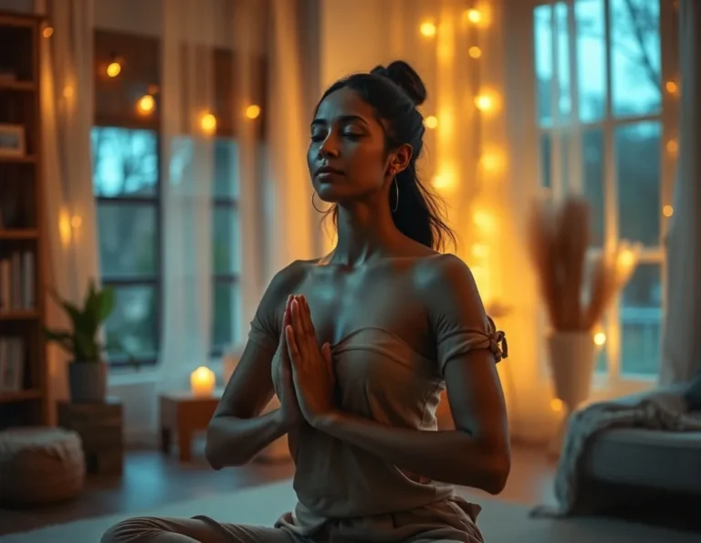 Woman doing gentle yoga in candlelit room during sattvic evening routine