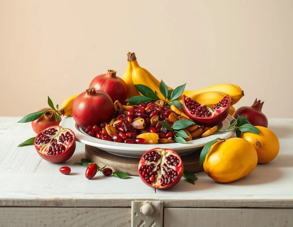 Fresh sattvic fruits like banana, mango, and pomegranate on wooden plate