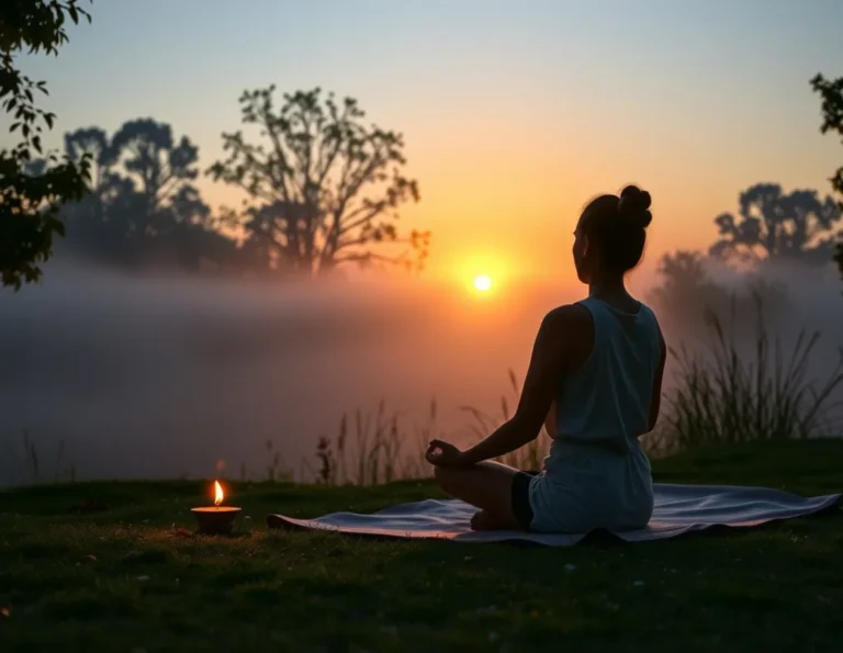 A serene sunrise yoga and meditation setting of a sattvic morning routine where a person doing pranayama on a mat near a diya