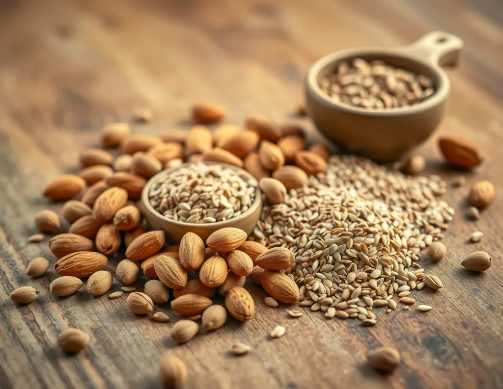  Soaked almonds, sesame seeds, and flaxseeds for sattvic diet