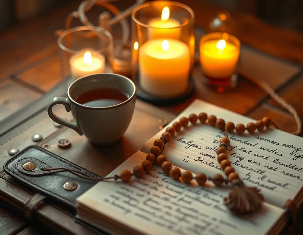  Candle-lit space with tea, journal, and mala