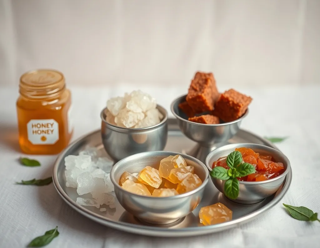 Jaggery blocks, raw honey, and rock sugar (misri) in sattvic style