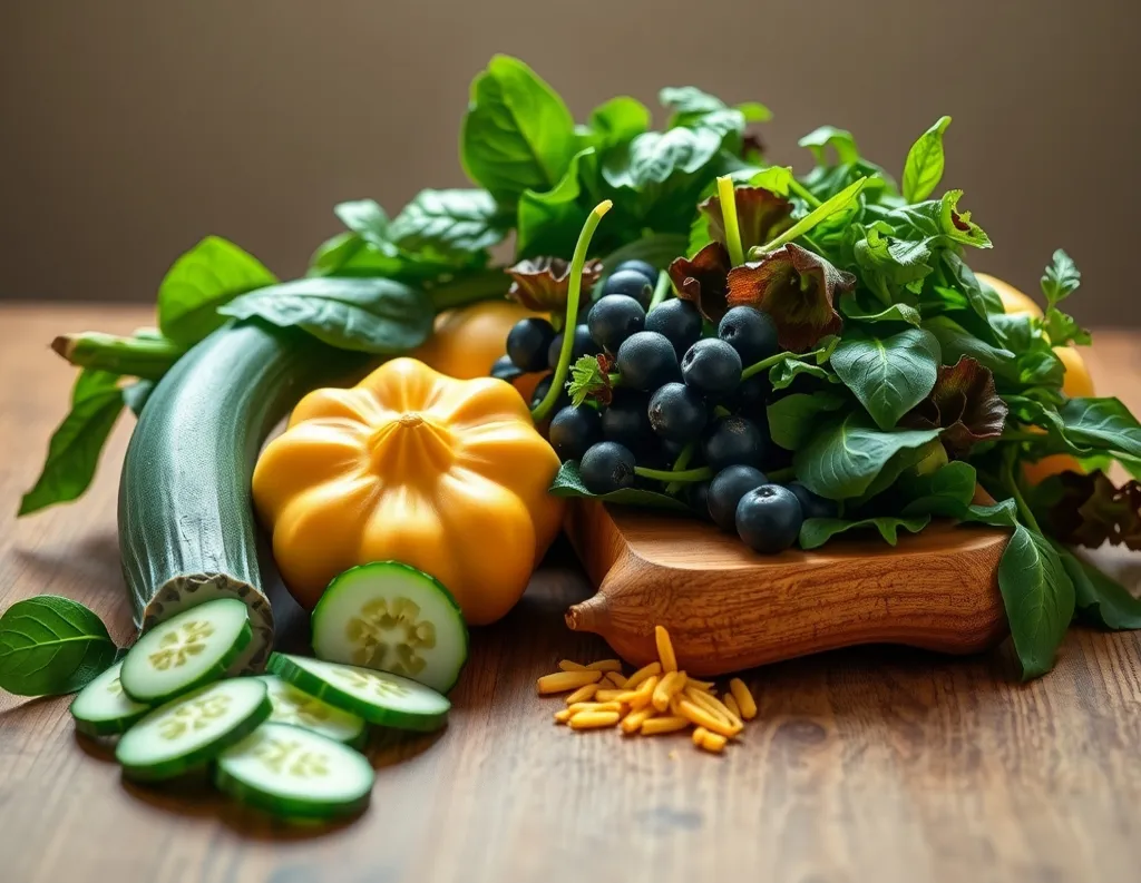 Sattvic vegetables including cucumber, spinach, and squash on kitchen counter