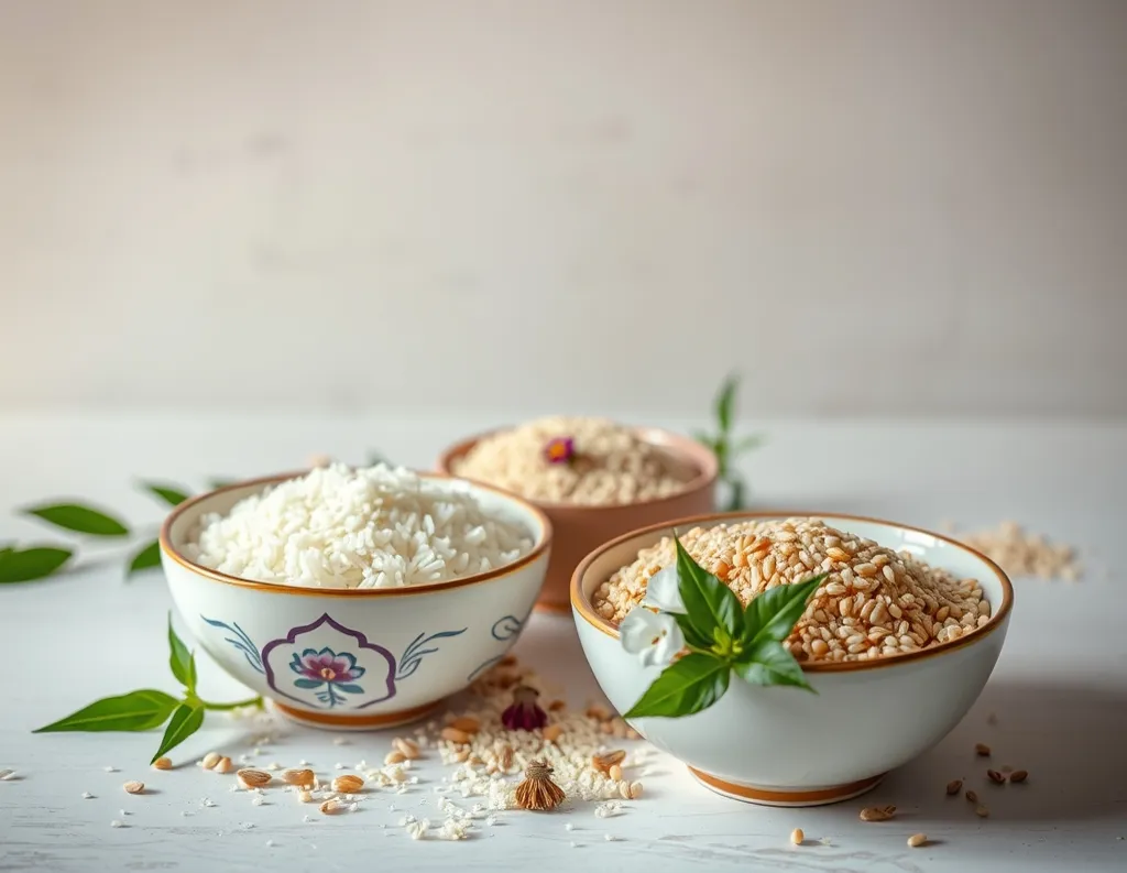 Whole grains in sattvic diet – rice, quinoa, barley in bowls  