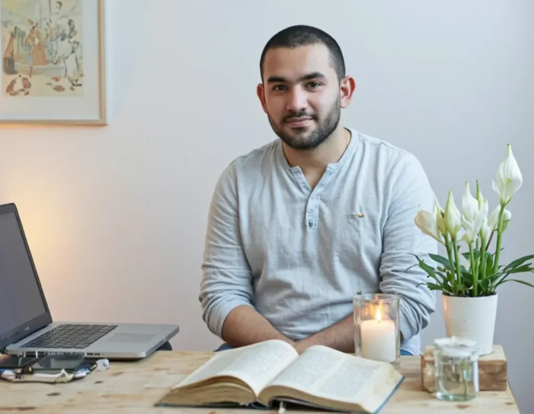 sattvic work meaning can be depicted via yogi meditating at a serene work desk with candle and Gita .